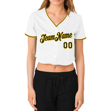 Load image into Gallery viewer, Custom Women&#39;s White Black-Gold V-Neck Cropped Baseball Jersey
