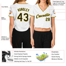 Load image into Gallery viewer, Custom Women&#39;s White Black-Gold V-Neck Cropped Baseball Jersey

