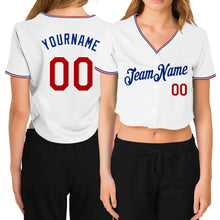 Load image into Gallery viewer, Custom Women&#39;s White Red-Royal V-Neck Cropped Baseball Jersey
