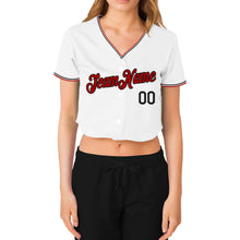 Load image into Gallery viewer, Custom Women&#39;s White Red-Black V-Neck Cropped Baseball Jersey
