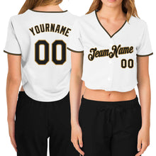 Load image into Gallery viewer, Custom Women&#39;s White Black-Old Gold V-Neck Cropped Baseball Jersey
