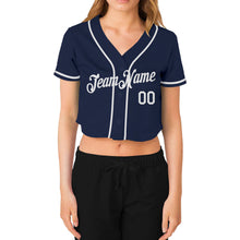 Load image into Gallery viewer, Custom Women&#39;s Navy White V-Neck Cropped Baseball Jersey
