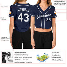 Load image into Gallery viewer, Custom Women&#39;s Navy White V-Neck Cropped Baseball Jersey
