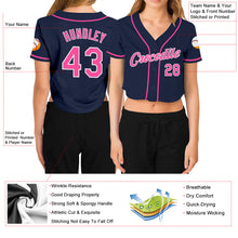 Load image into Gallery viewer, Custom Women&#39;s Navy Pink-White V-Neck Cropped Baseball Jersey

