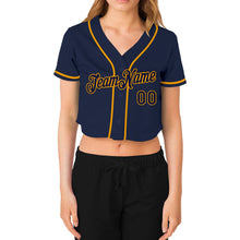 Load image into Gallery viewer, Custom Women&#39;s Navy Navy-Gold V-Neck Cropped Baseball Jersey
