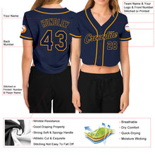 Load image into Gallery viewer, Custom Women&#39;s Navy Navy-Gold V-Neck Cropped Baseball Jersey
