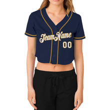 Load image into Gallery viewer, Custom Women&#39;s Navy White-Old Gold V-Neck Cropped Baseball Jersey
