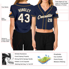 Load image into Gallery viewer, Custom Women&#39;s Navy White-Old Gold V-Neck Cropped Baseball Jersey
