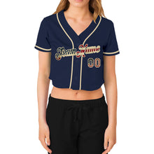 Load image into Gallery viewer, Custom Women&#39;s Navy Vintage USA Flag-Cream V-Neck Cropped Baseball Jersey
