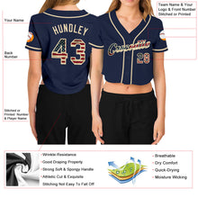 Load image into Gallery viewer, Custom Women&#39;s Navy Vintage USA Flag-Cream V-Neck Cropped Baseball Jersey
