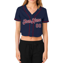 Load image into Gallery viewer, Custom Women&#39;s Navy Crimson-White V-Neck Cropped Baseball Jersey
