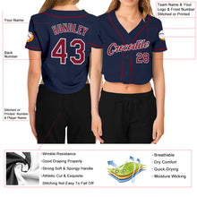 Load image into Gallery viewer, Custom Women&#39;s Navy Crimson-White V-Neck Cropped Baseball Jersey
