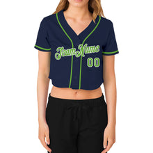 Load image into Gallery viewer, Custom Women&#39;s Navy Neon Green-White V-Neck Cropped Baseball Jersey
