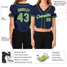 Load image into Gallery viewer, Custom Women&#39;s Navy Neon Green-White V-Neck Cropped Baseball Jersey

