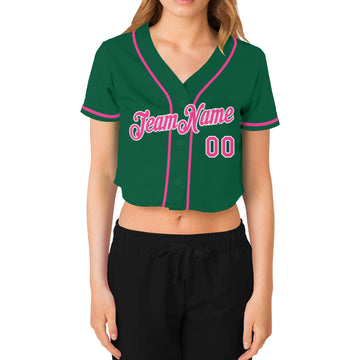 Custom Women's Kelly Green Pink-White V-Neck Cropped Baseball Jersey