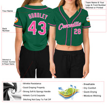 Load image into Gallery viewer, Custom Women&#39;s Kelly Green Pink-White V-Neck Cropped Baseball Jersey

