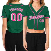 Load image into Gallery viewer, Custom Women&#39;s Kelly Green Pink-White V-Neck Cropped Baseball Jersey
