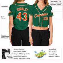 Load image into Gallery viewer, Custom Women&#39;s Kelly Green Orange-White V-Neck Cropped Baseball Jersey
