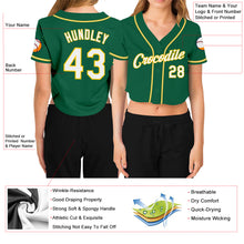 Load image into Gallery viewer, Custom Women&#39;s Kelly Green White-Gold V-Neck Cropped Baseball Jersey
