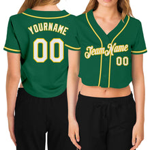 Load image into Gallery viewer, Custom Women&#39;s Kelly Green White-Gold V-Neck Cropped Baseball Jersey
