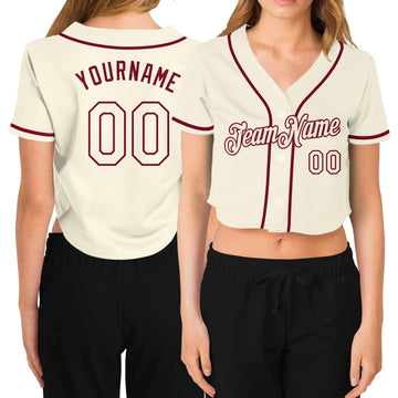 Custom Women's Cream Cream-Crimson V-Neck Cropped Baseball Jersey