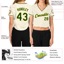 Load image into Gallery viewer, Custom Women&#39;s Cream Green-Gold V-Neck Cropped Baseball Jersey
