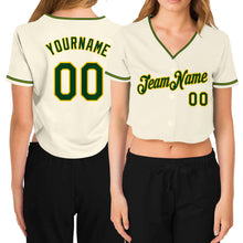 Load image into Gallery viewer, Custom Women&#39;s Cream Green-Gold V-Neck Cropped Baseball Jersey
