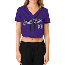 Load image into Gallery viewer, Custom Women&#39;s Purple Black-White V-Neck Cropped Baseball Jersey
