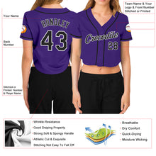 Load image into Gallery viewer, Custom Women&#39;s Purple Black-White V-Neck Cropped Baseball Jersey
