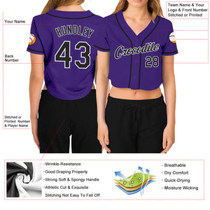 Custom Women's Purple Black-White V-Neck Cropped Baseball Jersey