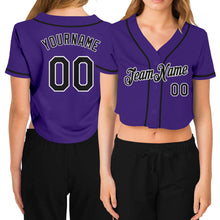 Load image into Gallery viewer, Custom Women&#39;s Purple Black-White V-Neck Cropped Baseball Jersey
