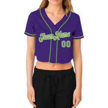 Load image into Gallery viewer, Custom Women&#39;s Purple Neon Green-White V-Neck Cropped Baseball Jersey
