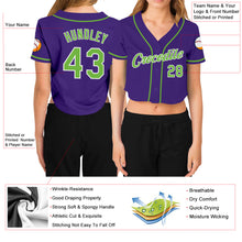 Load image into Gallery viewer, Custom Women&#39;s Purple Neon Green-White V-Neck Cropped Baseball Jersey
