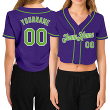 Load image into Gallery viewer, Custom Women&#39;s Purple Neon Green-White V-Neck Cropped Baseball Jersey
