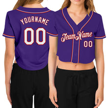 Load image into Gallery viewer, Custom Women&#39;s Purple White-Red V-Neck Cropped Baseball Jersey
