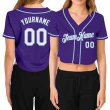 Load image into Gallery viewer, Custom Women&#39;s Purple White-Light Blue V-Neck Cropped Baseball Jersey
