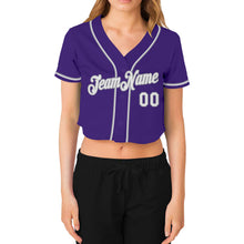 Load image into Gallery viewer, Custom Women&#39;s Purple White-Gray V-Neck Cropped Baseball Jersey
