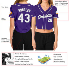 Load image into Gallery viewer, Custom Women&#39;s Purple White-Gray V-Neck Cropped Baseball Jersey
