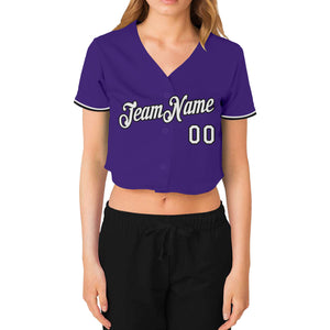 Custom Women's Purple White-Black V-Neck Cropped Baseball Jersey