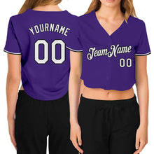 Load image into Gallery viewer, Custom Women&#39;s Purple White-Black V-Neck Cropped Baseball Jersey

