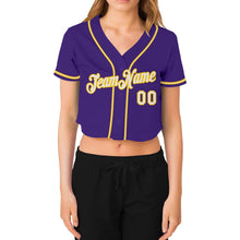 Load image into Gallery viewer, Custom Women&#39;s Purple White-Gold V-Neck Cropped Baseball Jersey
