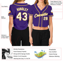 Load image into Gallery viewer, Custom Women&#39;s Purple White-Gold V-Neck Cropped Baseball Jersey
