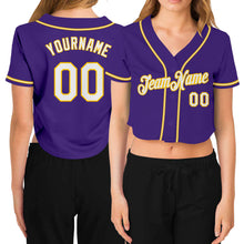 Load image into Gallery viewer, Custom Women&#39;s Purple White-Gold V-Neck Cropped Baseball Jersey

