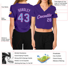 Load image into Gallery viewer, Custom Women&#39;s Purple Light Blue-Pink V-Neck Cropped Baseball Jersey
