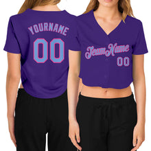 Load image into Gallery viewer, Custom Women&#39;s Purple Light Blue-Pink V-Neck Cropped Baseball Jersey
