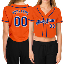 Load image into Gallery viewer, Custom Women&#39;s Orange Royal-White V-Neck Cropped Baseball Jersey
