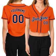 Load image into Gallery viewer, Custom Women&#39;s Orange Navy-White V-Neck Cropped Baseball Jersey
