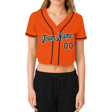 Custom Women's Orange Black-White V-Neck Cropped Baseball Jersey