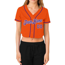 Load image into Gallery viewer, Custom Women&#39;s Orange Purple-White V-Neck Cropped Baseball Jersey
