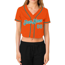 Load image into Gallery viewer, Custom Women&#39;s Orange Aqua-White V-Neck Cropped Baseball Jersey
